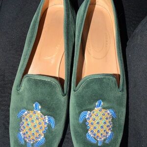 Stubbs & Wootton Green Loafers with Blue and Gold Turtle Embroidery